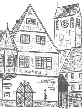 Zeichnung altes Rathaus mit altem Pfarrhaus